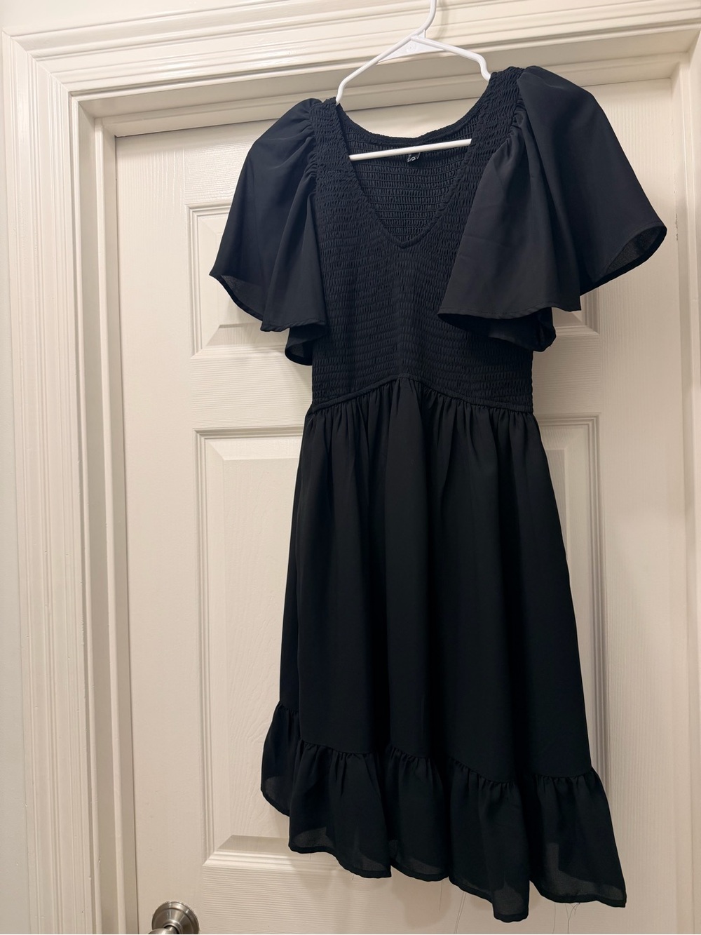 Smocked V-Neck Black Girls' Ruffle Sleeve Dress